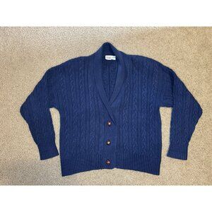 VTG IZOD Cable Knit Thick Shawl Collar Cardigan Sweater Navy Preppy Academia L